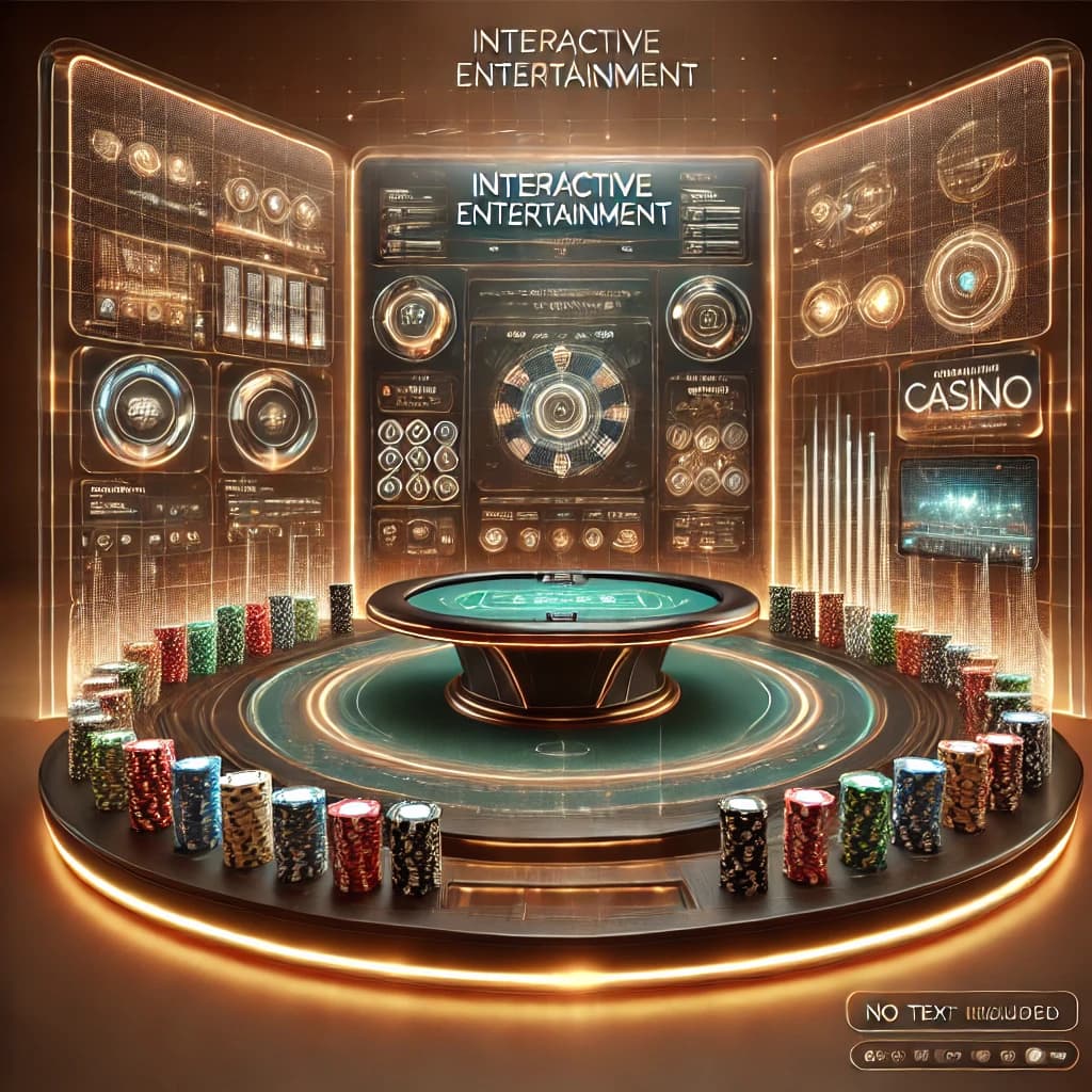 DALL·E 2025-02-13 21.48.49 - A high-tech and engaging Interactive Entertainment casino scene with a brown background. The setting includes a digital poker table with glowing LED e.webp