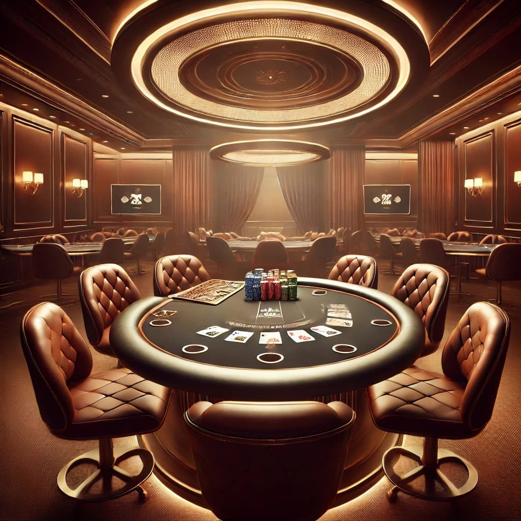 DALL·E 2025-02-13 21.50.49 - A luxurious and exciting High Stakes Poker Night scene with a brown background. The setting includes a premium poker table with neatly stacked chips, .webp