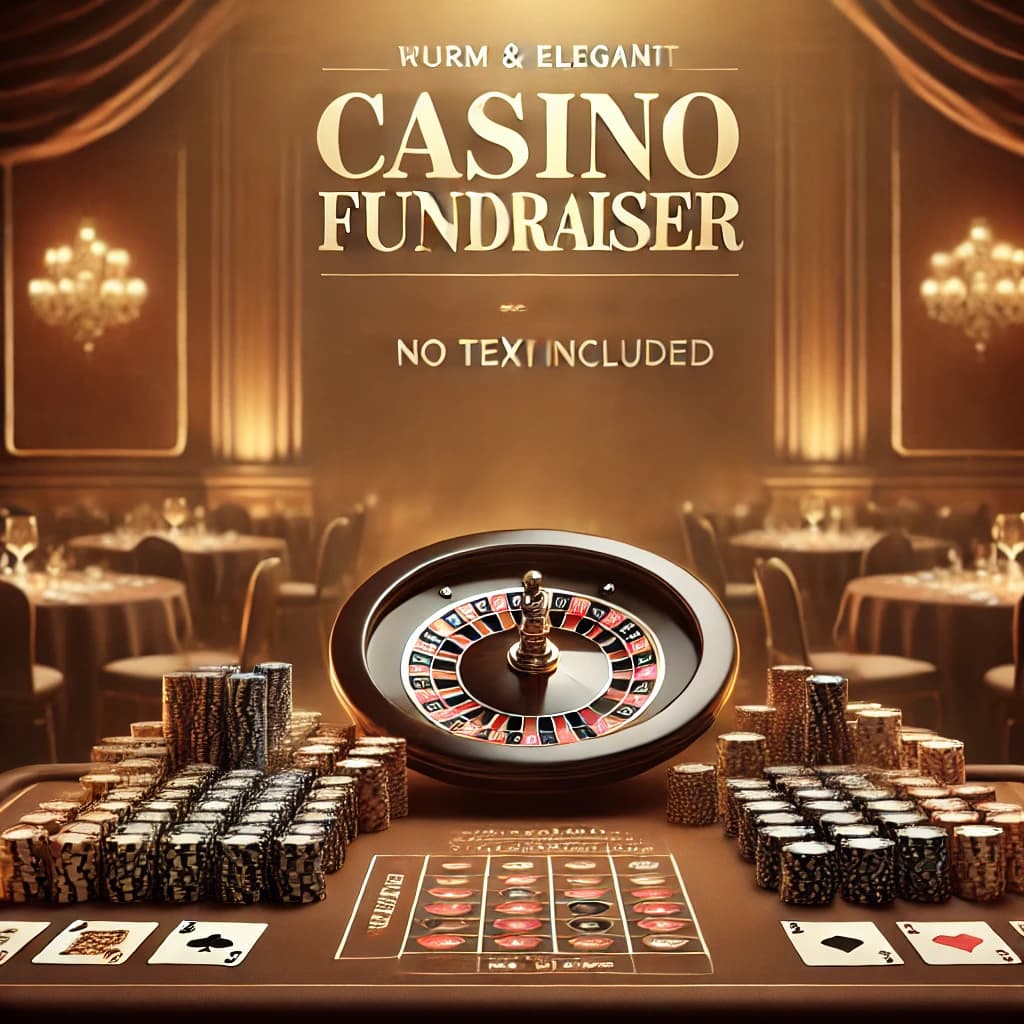 DALL·E 2025-02-13 21.48.31 - A warm and elegant Casino Fundraiser scene with a brown background. The setting features a luxurious casino table with neatly arranged poker chips, pl.webp